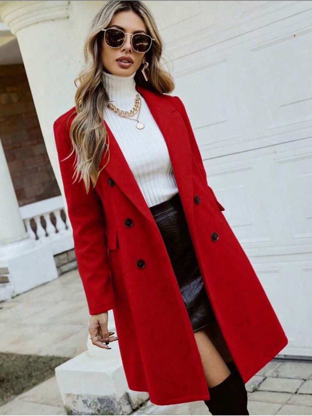Classic Red Double-Breasted Women's Coat
